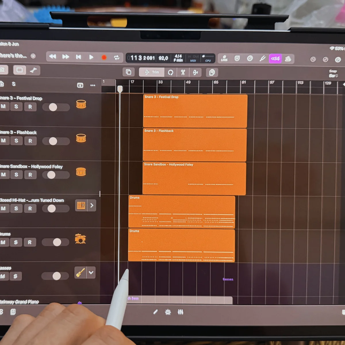 Production moment showing drums, synth bass and cinematic textures for Where Is The Peace.