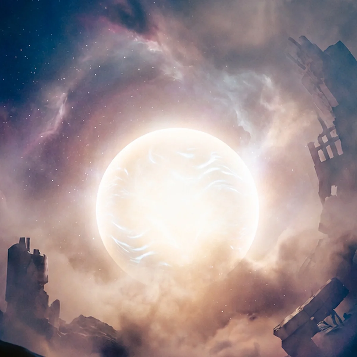 A glowing orb of soft light surrounded by clouds and ruins — the visual symbol of inner peace.